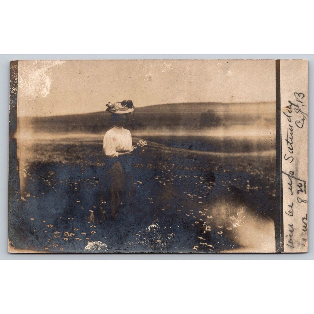 Antique 1908 RPPC Postcard Woman in Flower Field Oneonta NY Postmark Fly Creek